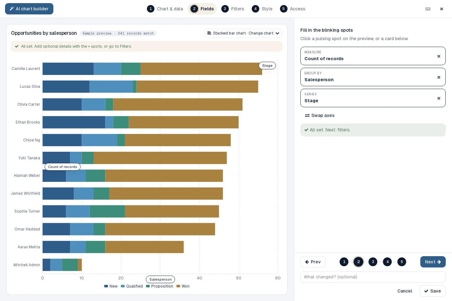 Guided builder — Five steps, live preview
